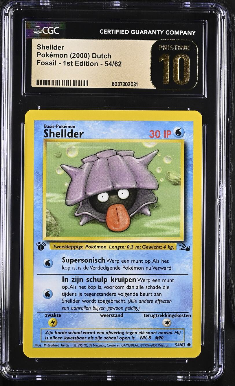 CGC 10 PRISTINE Shellder 1st Edition 54/62 Pokémon 2000 Dutch Fossil (PSA/BGS)